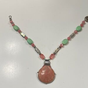 Chic Pink and Green Beaded Necklace with Shell Pendant